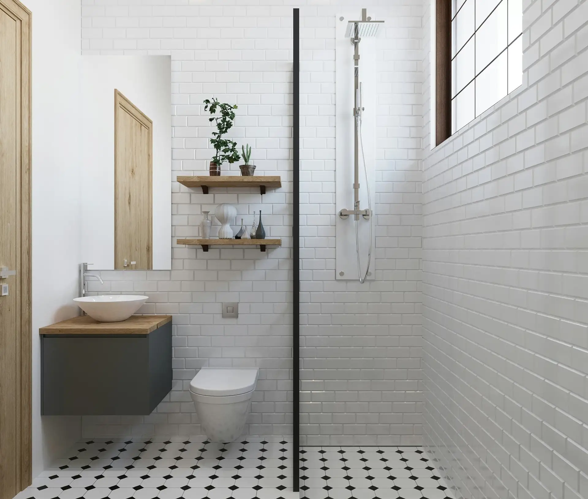 Inloopdouche en hangend toilet, gezien vanuit de deur