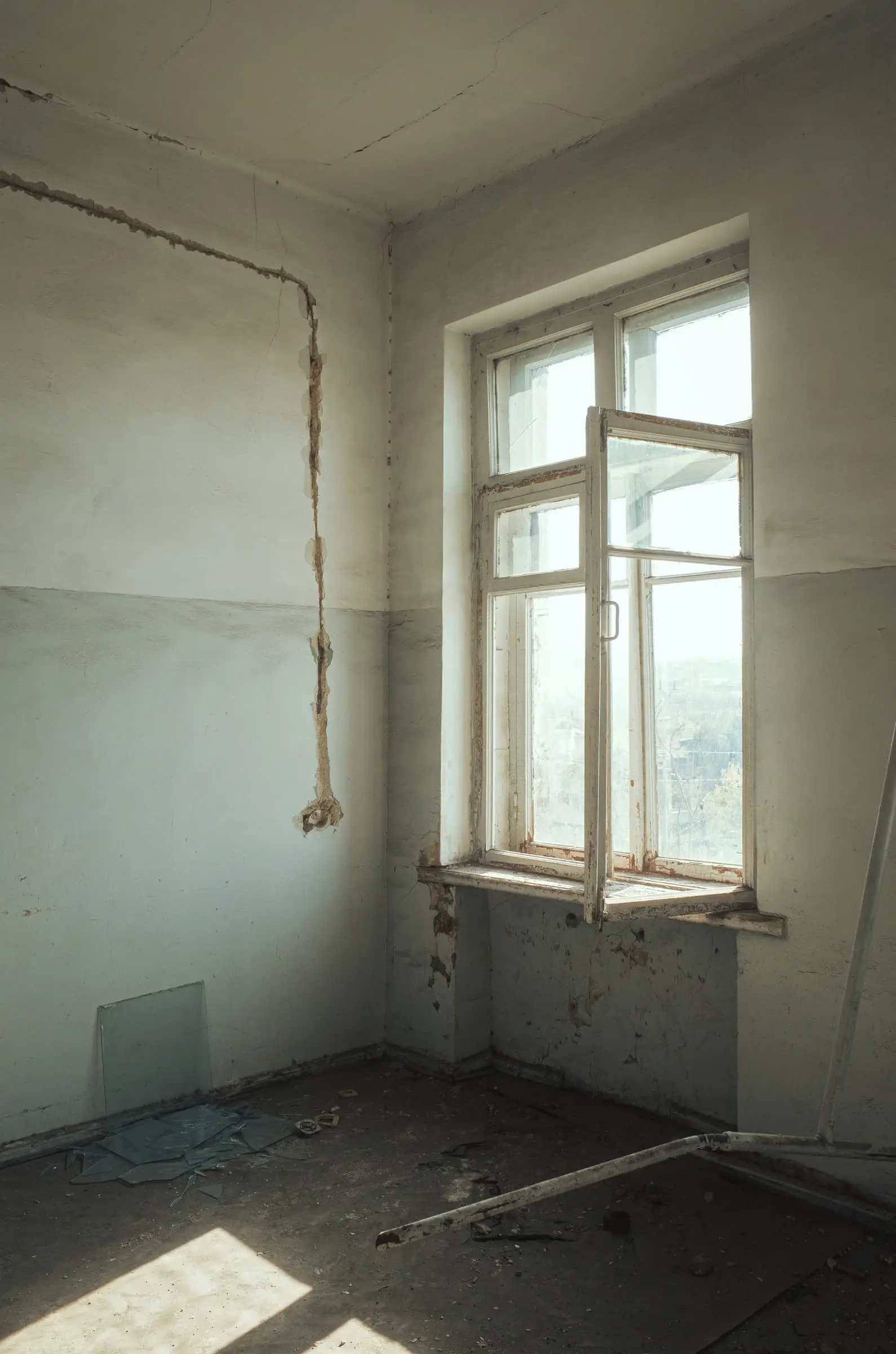 Lege kamer met oud raam en leidingen op de muur