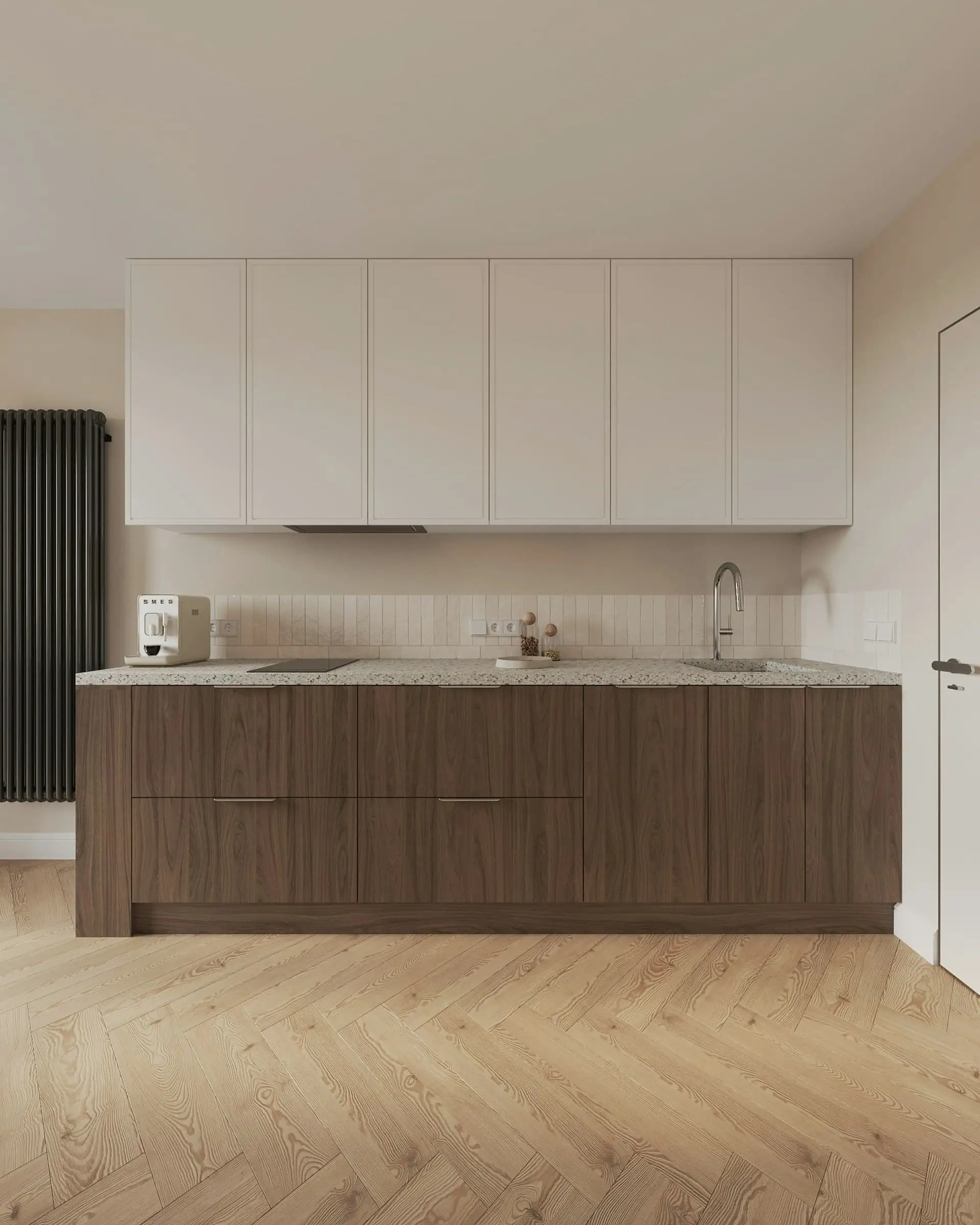 Lichte keuken met eiland in donker hout en een strakke kastenwand